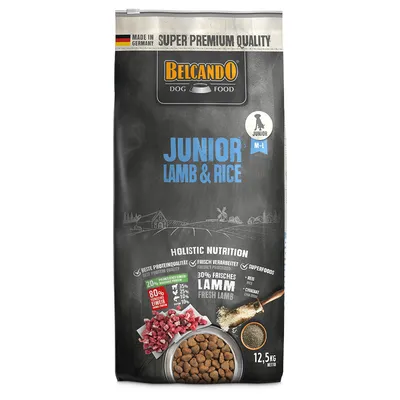 Belcando Dog Food Junior Lamb & Rice, made in Germany, super premium quality, holistic nutrition with 30% fresh lamb, superfoods, 12.5kg net.