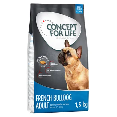 Sac Concept for Life French Bulldog Adult 1,5 kg, pour chiens de 8–14 kg. Texte visible : muscle maintenance, soft skin and shiny coat, reduces stool odour. Chien bouledogue français illustré.