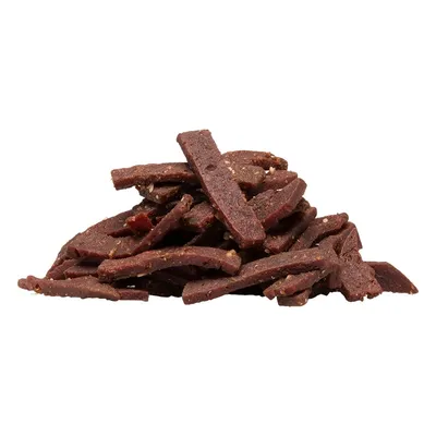 Snack per animali composto da strisce marroni di consistenza morbida, senza confezione visibile.