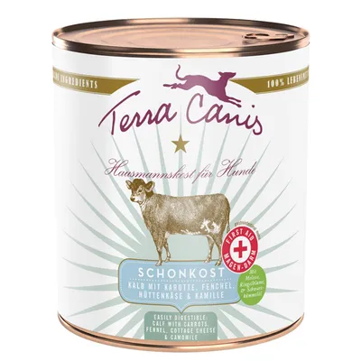 Terra Canis Hausmannskost für Hunde tin, SCHONKOST calf with carrots, fennel, cottage cheese & camomile. Easily digestible. First Aid Magen-Darm badge visible on label.