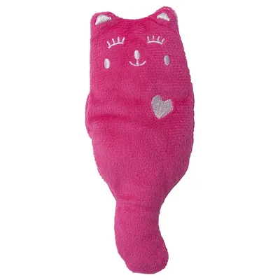 Pink plush toy in the shape of a cat with embroidered face and silver heart motif.