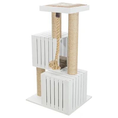 Cat tree made of white wood with sisal-wrapped posts, rope toy, and padded top lying surface.