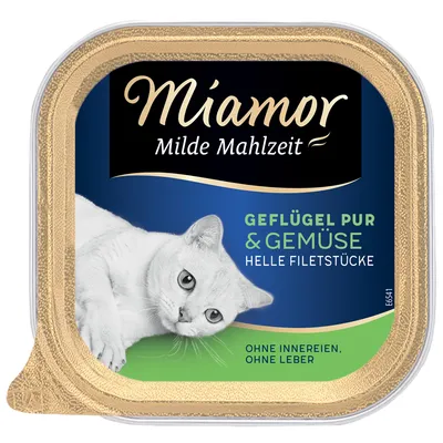 Miamor Milde Mahlzeit, Geflügel pur & Gemüse, helle Filetstücke. Ohne Innereien, ohne Leber. Billede af hvid kat på emballagen.