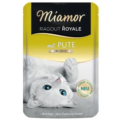 Miamor Ragout Royale mit Pute in Jelly, sans soja, sans ajout de sucre, mention NEU visible sur l’emballage.