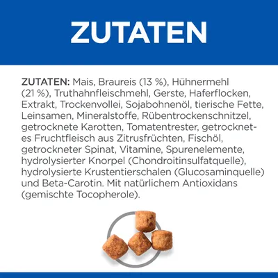 Zutaten: Mais, Braureis (13 %), Hühnermel (21 %), Truthahnfleischmehl, Gerste, Haferflocken, Fischöl, Vitamine, Spurenelemente, Beta-Carotin. Mit natürlichem Antioxidans (gemischte Tocopherole).
