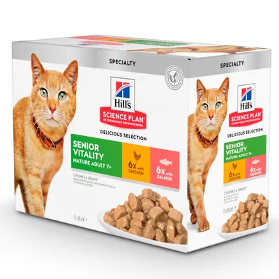 Hill's Science Plan Senior Vitality Mature Adult 7+, Selección Deliciosa, 6x con pollo, 6x con salmón, trozos y salsa, 12x85g. Hill's Science Plan Senior Vitality Mature Adult 7+, Selección Deliciosa, 6x con pollo, 6x con salmón, trozos y salsa, 12x85g.