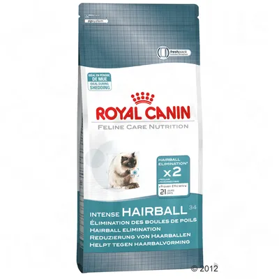 Royal Canin Feline Care Nutrition Intense Hairball 34, eliminación de bolas de pelo, x2 psyllium y fibras micronizadas, eficiencia probada en 21 días. Imagen de un gato en el envase.