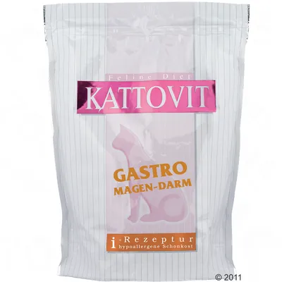 Sachet de croquettes Kattovit Feline Diet GASTRO MAGEN-DARM, i-Rezeptur hypoallergene Schonkost, illustration de chat sur l’emballage. Texte en allemand visible.