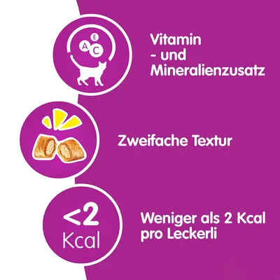 Vitamin- und Mineralienzusatz, Zweifache Textur, Weniger als 2 Kcal pro Leckerli. Teksti saksaksi, sisältää vitamiinit A, C, E ja kissan siluetin sekä kaksihermoinen makupala.