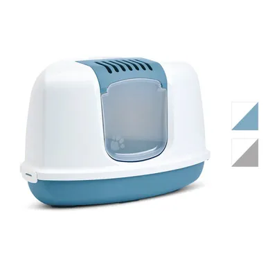 Kattenbak met kap, kunststof, wit en blauw, transparant klapdeurtje met pootafdruk, ventilatierooster bovenop. Twee kleurvarianten zichtbaar: blauw-wit en grijs-wit.