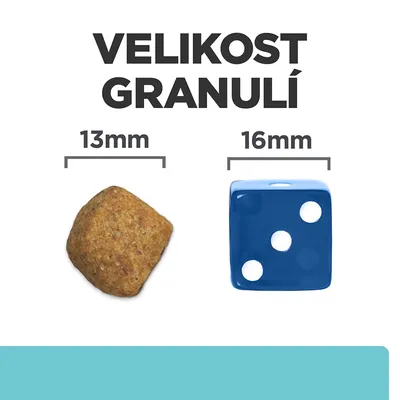 Velikost granulí: porovnání granule 13 mm a modré kostky 16 mm vedle sebe. Text: VELIKOST GRANULÍ, 13 mm, 16 mm.