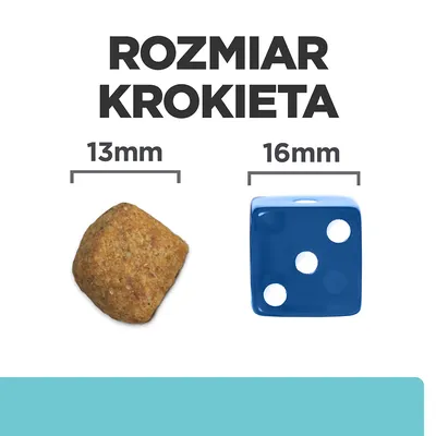 Rozmiar krokieta: 13 mm obok niebieskiej kostki do gry o boku 16 mm. Porównanie wielkości dla lepszego zobrazowania produktu.