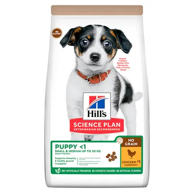 Hill's Science Plan Puppy <1 Small & Medium până la 25kg, fără cereale, ingredient principal pui, susține imunitatea și creșterea sănătoasă. Fără aditivi, coloranți sau arome artificiale.