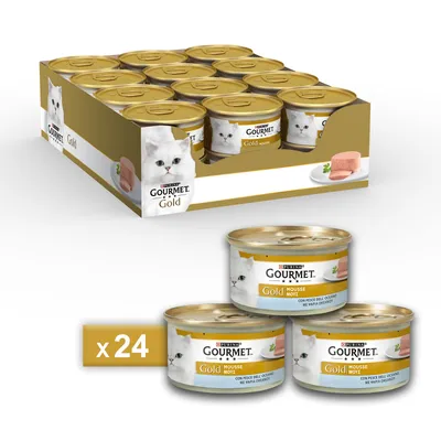 Purina Gourmet Gold Mousse, упаковка из 24 банок. На изображении: упаковка продукта и три отдельные банки с рыбным муссом и декором.