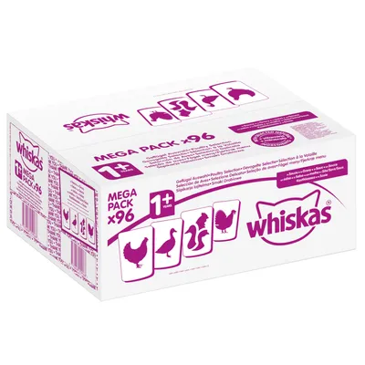 Whiskas 1+ Mega Pack x96, baromfi válogatás, csirke, kacsa, szárnyas, pulyka ikonokkal, fehér dobozon lila feliratok és logó látható.