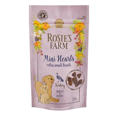 Rosie's Farm Mini Hearts recompense extra mici, curcan, adult și cățel, 50g. Rețetă fără cereale. Ilustrație cu câini și curcan.