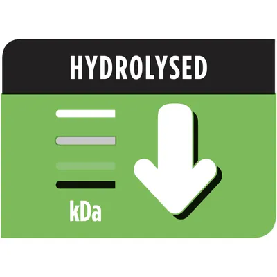 Testo visibile: HYDROLYSED, kDa. Freccia bianca verso il basso su sfondo verde con barre orizzontali di diversi colori.