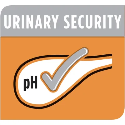 Urinary security with pH checkmark symbol, indicating product feature related to urinary health and pH balance.