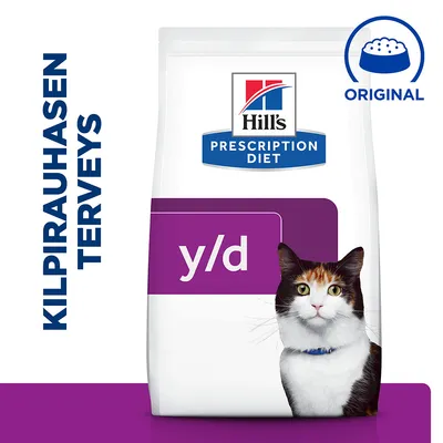 Hill's Prescription Diet y/d kissanruoka, pakkauksessa teksti 'KILPIRAUHASEN TERVEYS' ja kuva kissasta. Ylhäällä oikealla merkintä 'ORIGINAL'.