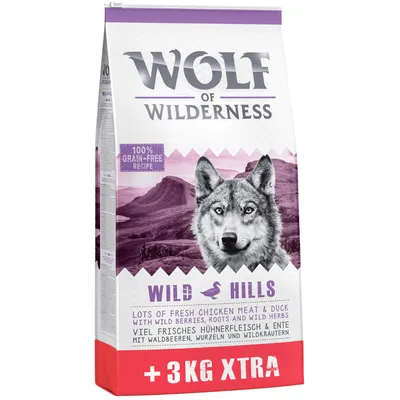 Wolf of Wilderness Wild Hills dry food, 100% grain-free recipe, with fresh chicken meat, duck, wild berries, roots and wild herbs. Includes extra 3kg.