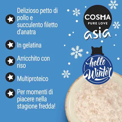 COSMA PURE LOVE asia. Delizioso petto di pollo e succulento filetto d'anatra, in gelatina, arricchito con riso, multiproteico. Per momenti di piacere nella stagione fredda! hello Winter