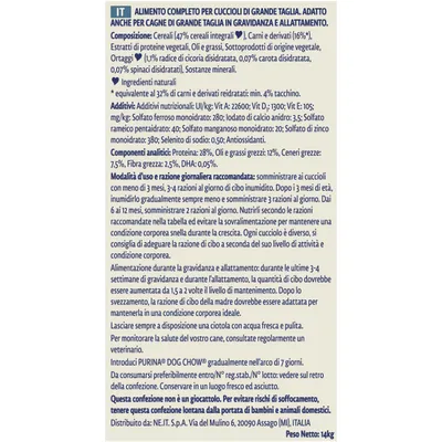 Tabella informativa PURINA DOG CHOW: composizione, ingredienti naturali, additivi, componenti analitici (proteina 28 %, oli e grassi 12 %), modalità d’uso, avvertenze, peso netto 14 kg.