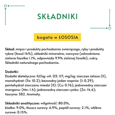 Składniki: mięso i produkty pochodzenia zwierzęcego, łosoś 14 %, warzywa, składniki mineralne. Składniki analityczne: wilgotność 80 %, białko 9 %, tłuszcz surowy 6,9 %, popiół 2,1 %, włókno 0,15 %.