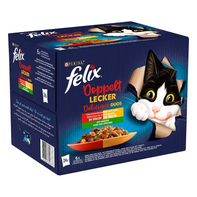 Confezione di Purina Felix Doppelt Lecker Delicieux Duos, selezione di campagna in gelatina con verdure, 24x porzioni. Immagine di un gatto e ciotola di cibo visibili sulla scatola.
