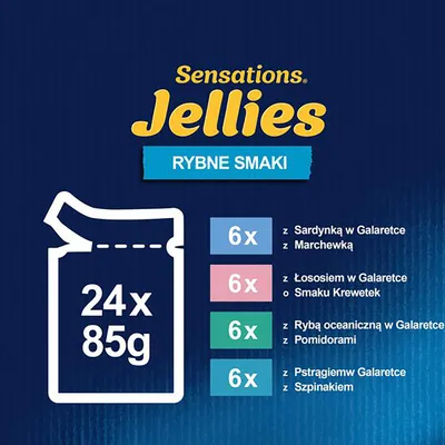 Sensations Jellies RYBNE SMAKI, 24 x 85 g: 6x sardynka w galaretce z marchewką, 6x łosoś w galaretce o smaku krewetek, 6x ryba oceaniczna w galaretce z pomidorami, 6x pstrąg w galaretce ze szpinakiem