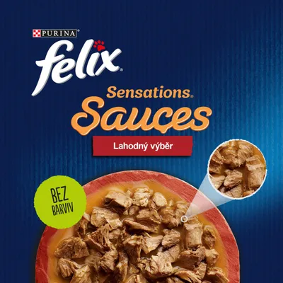 Purina felix Sensations Sauces Lahodný výběr, BEZ BARVIV, miska s kousky masa v omáčce zobrazená detailně.