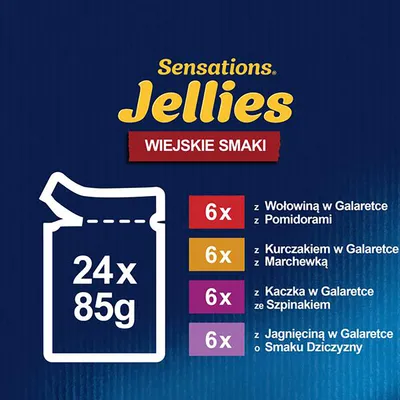 Sensations Jellies Wiejskie Smaki, 24 x 85 g: 6x wołowina w galaretce z pomidorami, 6x kurczak w galaretce z marchewką, 6x kaczka w galaretce ze szpinakiem, 6x jagnięcina o smaku dziczyzny.