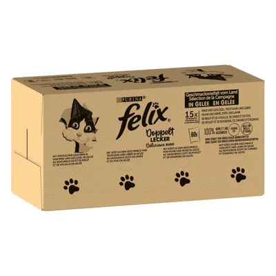 Purina Felix Doppelt Lecker Delicioux Duos cat food, 15x in Gelee. Visible text includes 100% complete, no added artificial flavourings, and selection of beef, poultry, turkey, liver, duck, lamb.