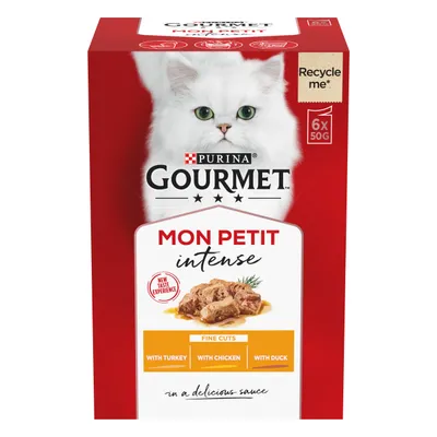 Gourmet Mon Petit Intense fine cuts in sauce, includes turkey, chicken and duck varieties. Pack contains 6 x 50g portions. Recyclable packaging.