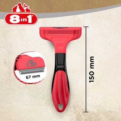 8in1 Fellpflegewerkzeug, Länge 150 mm, Klingenbreite 67 mm. Rotes Design mit schwarzem Griff.