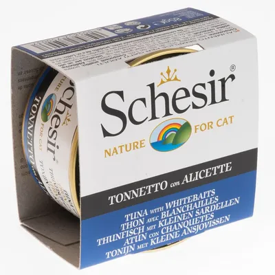 Консерва Schesir Nature for Cat, Tonnetto con Alicette. Видим текст: Tuna with whitebaits, Thon avec blanchailles, Thunfisch mit kleinen Sardellen, Atún con chanquetes.