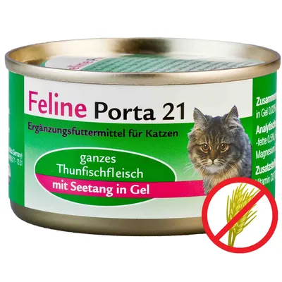 Konzerva Feline Porta 21 pre mačky, nápis „ganzes Thunfischfleisch mit Seetang in Gel“, obrázok mačky a symbol bez obilnín s preškrtnutým klasom.