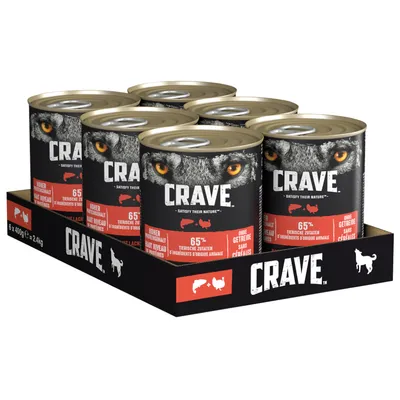 Crave hrană umedă pentru pisici, 6 x 400g conserve, 65% ingrediente de origine animală, fără cereale, pui și somon. Ambalaj cu motiv de lup și detalii produs vizibile.