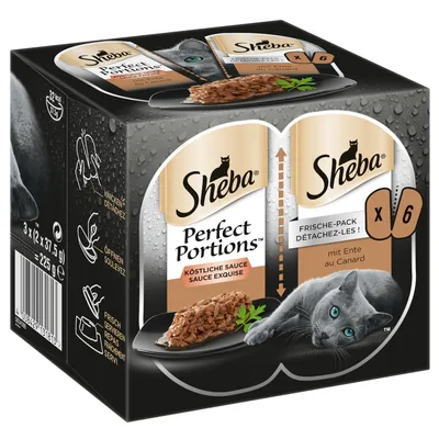 Sheba Perfect Portions lahodná omáčka s kačicou. Čerstvé balenie, 6 porcií po 37,5 g, celková hmotnosť 225 g. Návod: zlomiť, otvoriť, čerstvo podávať.