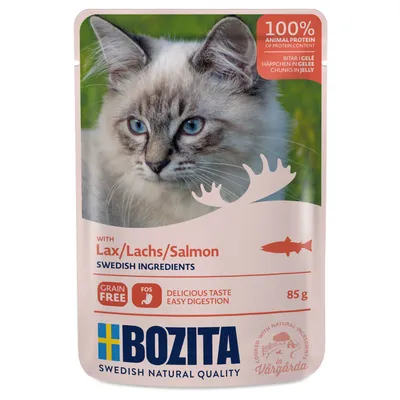 Bozita храна за котки с сьомга, 85g. 100% животински протеин, без зърнени храни, шведски съставки, хапки в желе, лесно смилаема. Произведено във Vårgårda, Швеция.