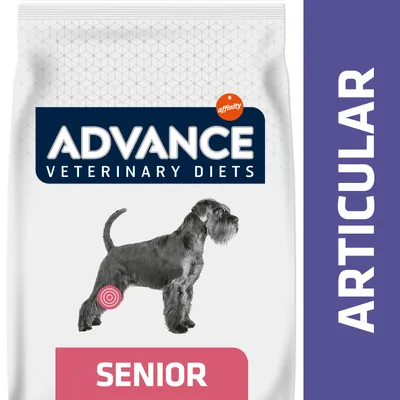 Advance Veterinary Diets affinity, SENIOR, ARTICULAR. Opakowanie z wizerunkiem psa i oznaczeniem na tylnej łapie.