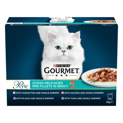 Purina Gourmet Perle Ocean Delicacies Mini Fillets in Gravy, selection includes ocean fish, salmon, plaice, and tuna with whole shrimps. Pack contains 12 x 85g portions.