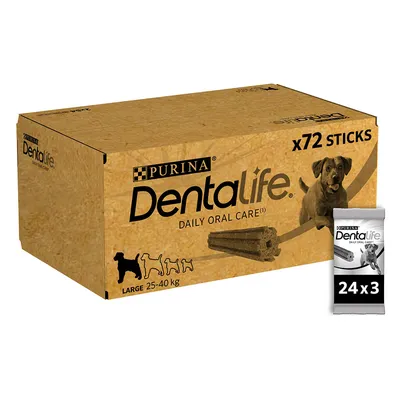 Purina Dentalife Daily Oral Care, x72 Sticks für Hunde von 25-40 kg. Verpackung und Einzelpackung sichtbar.