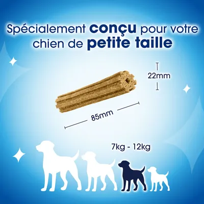 Os à mâcher, spécialement conçu pour les petits chiens pesant de 7 à 12 kg, dimensions : 85 mm de long, 22 mm d'épaisseur.
