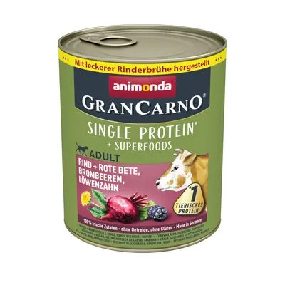 Blik animonda GranCarno Single Protein + Superfoods Adult, rund, rode biet, bramen, paardenbloem. Tekst: 1 dierlijk eiwit, zonder granen, zonder gluten, 100% verse ingrediënten.