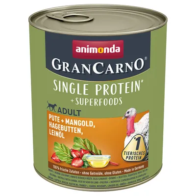 Animonda GranCarno Single Protein Adult, индейка с мангольдом, шиповником и льняным маслом. 100% свежие ингредиенты, без зерна, без глютена, Made in Germany.