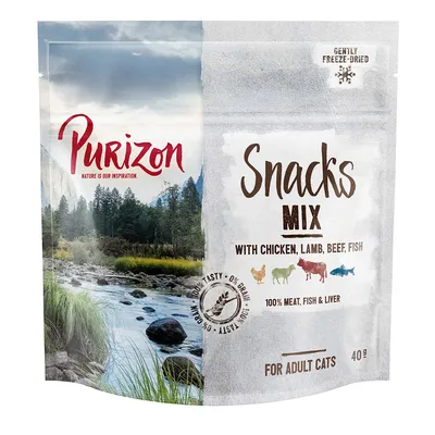 Purizon Snacks Mix für erwachsene Katzen, gefriergetrocknet, mit Huhn, Lamm, Rind und Fisch. 100% Fleisch, Fisch & Leber, 0% Getreide. Packungsgrösse: 40g.