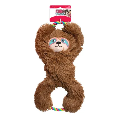 KONG Tuggerz plush toy in sloth shape with colourful rope handle, suitable for interactive play. Packaging shows KONG brand and Tuggerz product name.