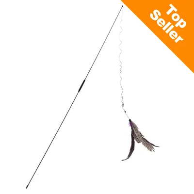 Kattenhengel met zwarte stok en veren aan een spiraalvormig koord. Oranje hoeklabel met witte tekst: Top Seller.