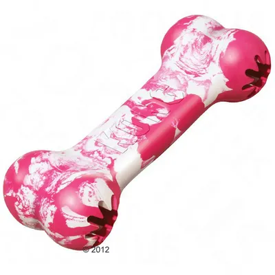 Pink and white bone-shaped chew toy with textured ends, suitable for interactive play or chewing.