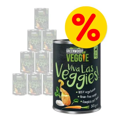 Multipack of Greenwoods Veggie Viva Las Veggies 375g cans with discount symbol. Label shows 100% vegetarian, grain-free recipe, complete pet food.